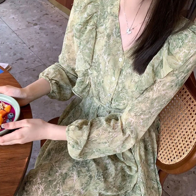 Women's Mid-Length Floral Chiffon Ruffled Dress