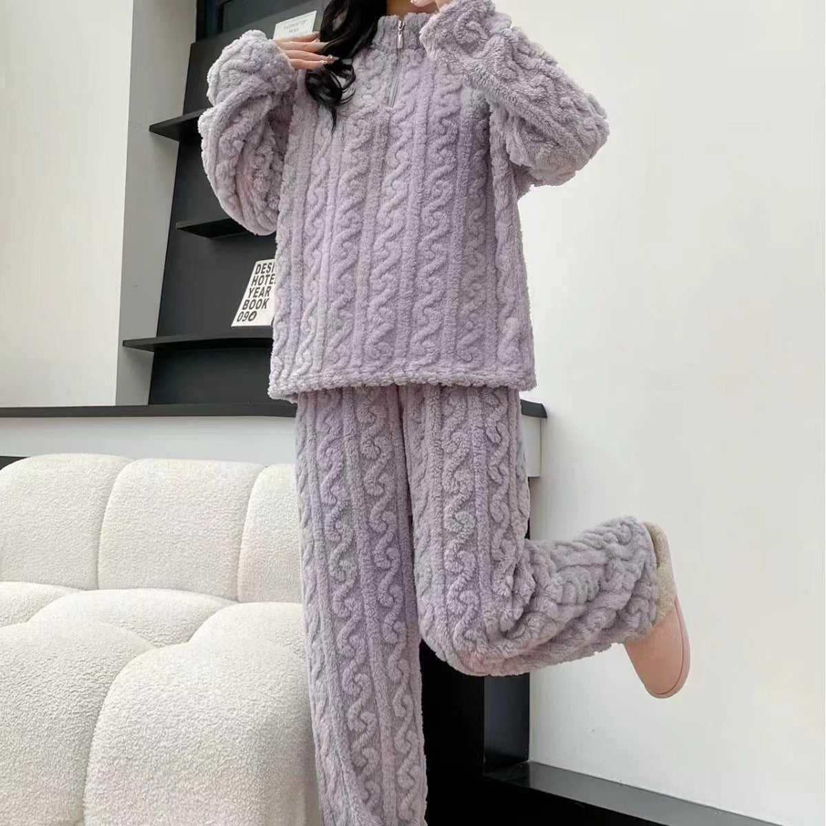 Pyjama Couple Hiver Automne en Polaire Corail Épais avec Fermeture Éclair Torsadée, Tenue d'Intérieur