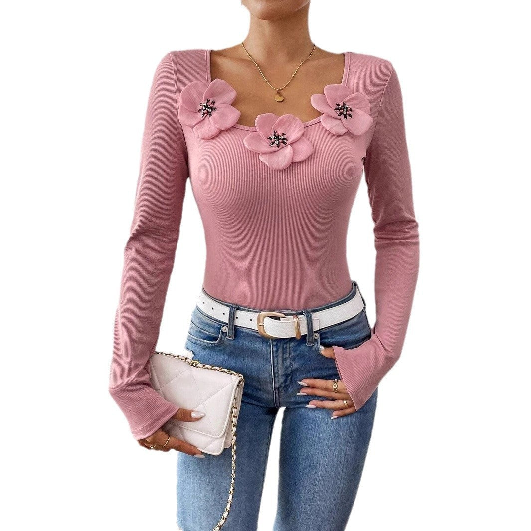 European & American Casual Slim Fit Pink Scoop Neck Knitted Top