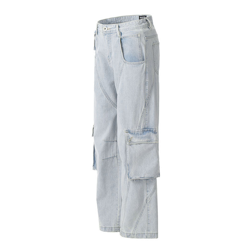 American Retro Gender-Free Blue Cotton Casual Pants Mid Waist S-3XL