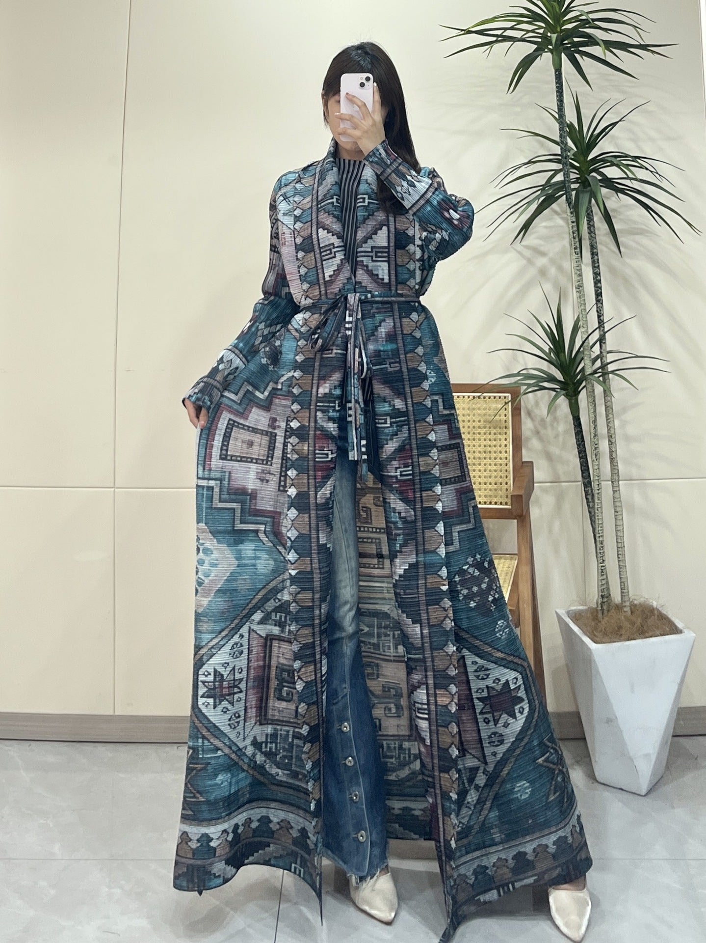 Pleated Print Fashionable All-match Lace-up Loose Arabian Abaya Robe