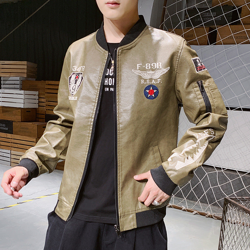 Men's Embroidered PU Leather Motorcycle Jacket with Standing Collar