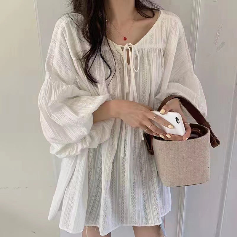 Summer French Style White Lantern Sleeve Mid-Length Doll Shirt for Women