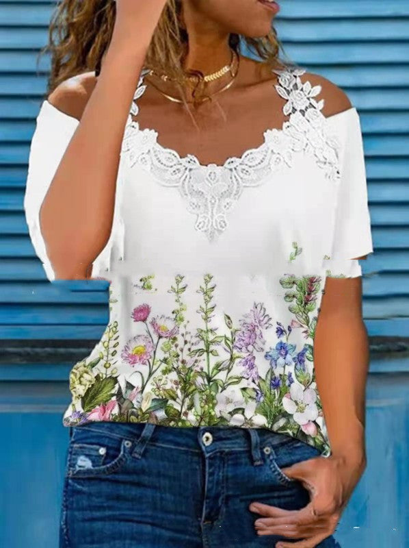 V Neck Lace Shoulder Short Sleeve Casual Top
