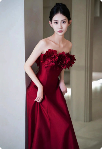 Human Wealth Burgundy Strapless Silk Wedding Toast Dress