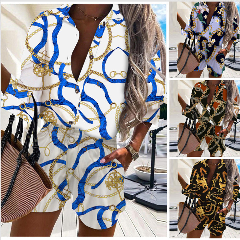 Women's Casual Chain Print Polyester Suit with Shorts, Sizes S-XL