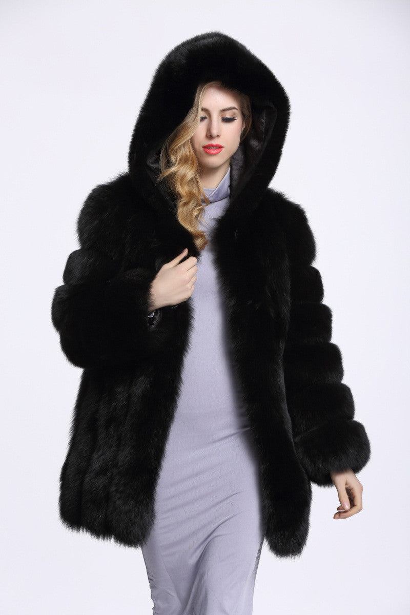 Faux Fox Fur Coat in Black, Grey & White, Sizes S-4XL