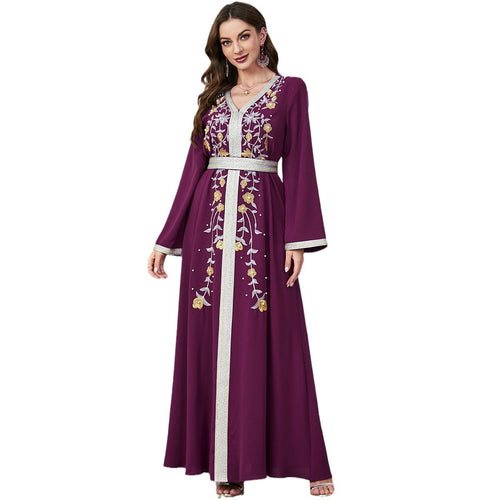 Women's Embroidered Beaded A-Line Dress with Belt in Dream Blue, Red, Dark Green & Purple