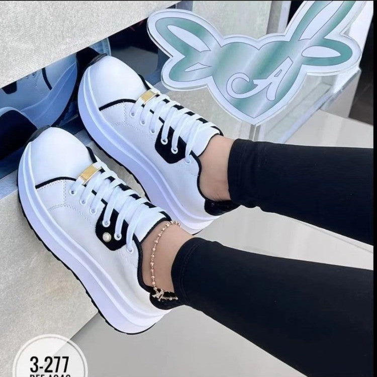 Women's White Lace-Up Platform Wedge Shoes Mid Heel
