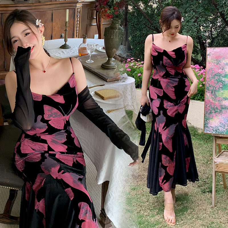 High-Grade Adult Women's Wind Flocked Printed Butterfly Dress
