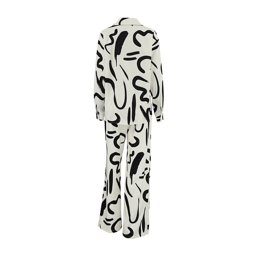 Ensemble chemise imprimée noir et blanc à manches longues et pantalon taille haute à jambes larges