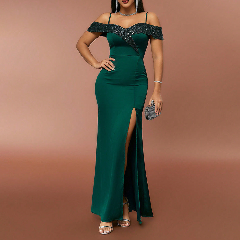 European & American Fashion Dark Green Long Sequin Dress Sleeveless