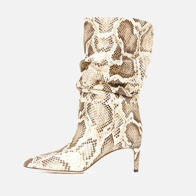 Bottes mi-hautes à talon aiguille et bout pointu pour femmes, imprimé serpent argenté et violet