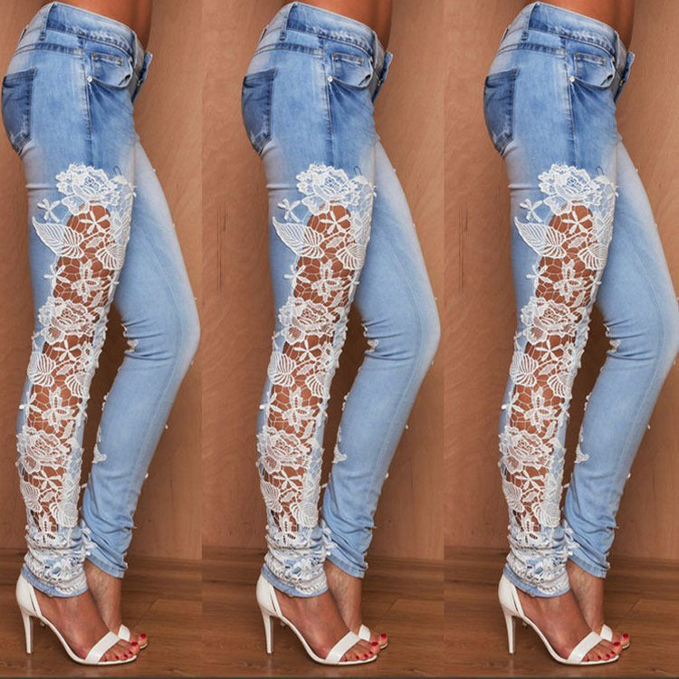 Dark Denim Lace Jeans with Stretch Cotton Spandex Blend