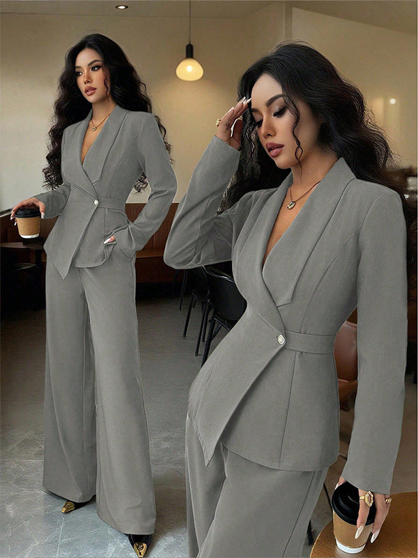 Women's Long-Sleeve Suit Jacket with Straight-Leg Pants Set