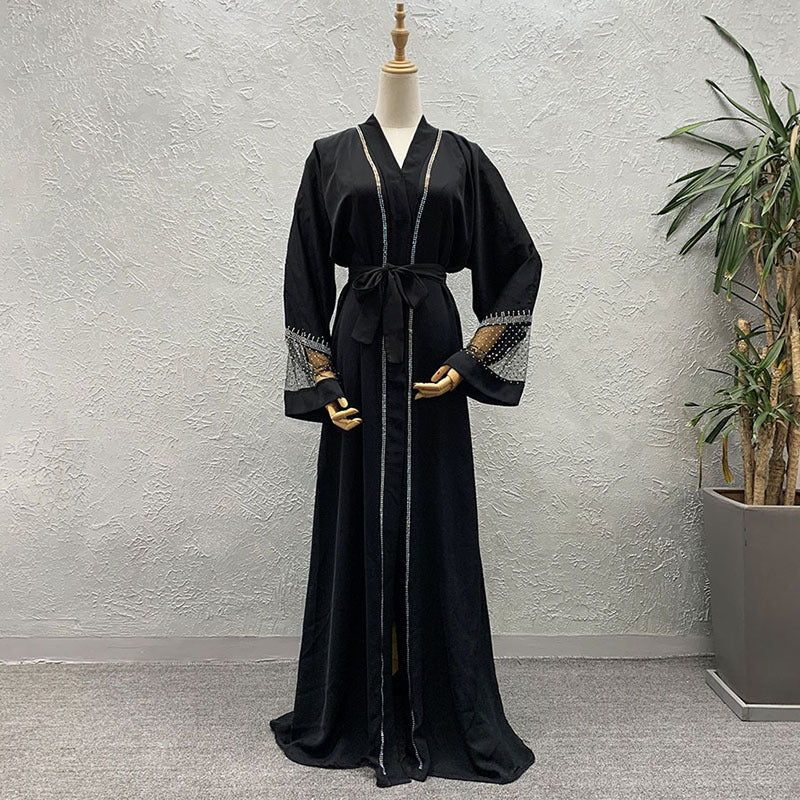 Cardigan Robe Mesh Stitching Rhinestone Loose Bat Sleeve for Middle Eastern Women XXL/3XL Black Blue Polyester
