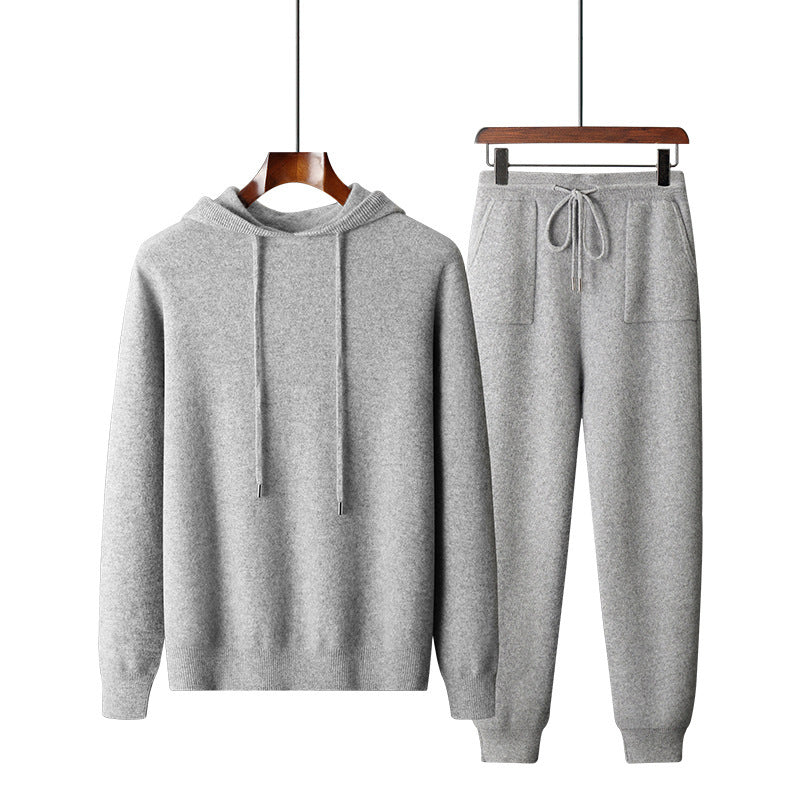 Men's Hooded Knitted Sweatshirt & Long Pants Set - Casual Solid Color