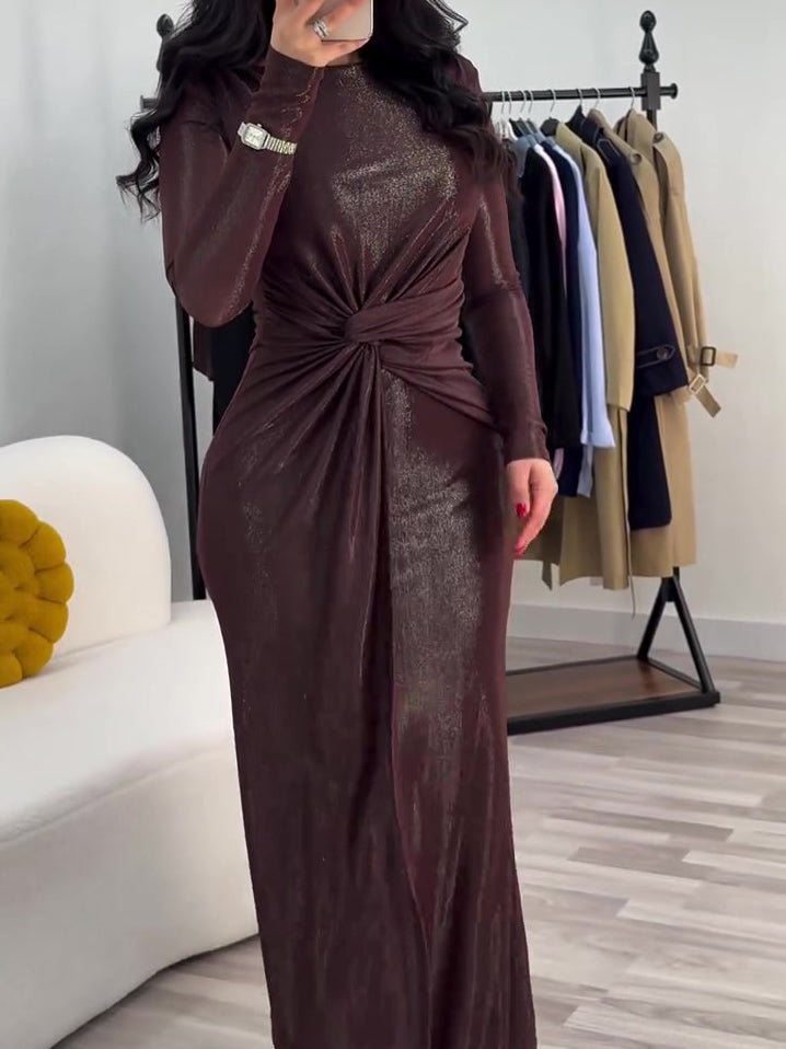 فستان ماكسي مسلم معدني بلفة أمامية وأكمام طويلة