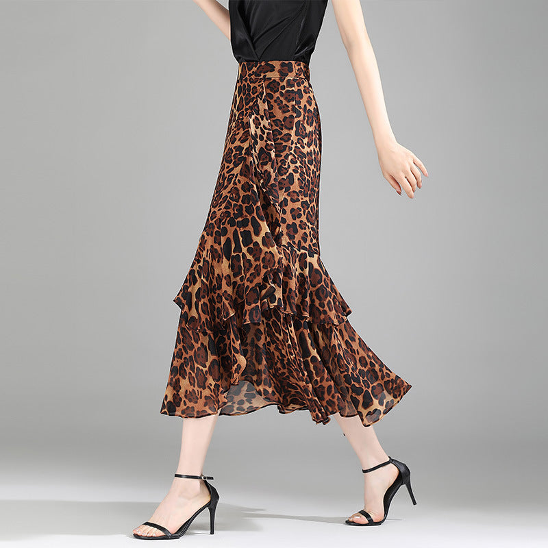 Leopard Print Ruffled Chiffon High Waist Asymmetric Skirt