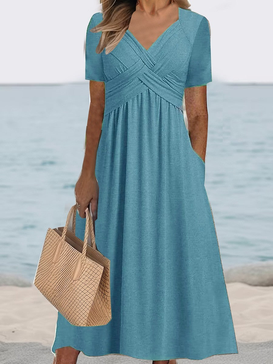 V-Neck Waist-Tight Spring Summer Dress Outerwear Nightdress in Black, Emerald, Peacock Blue, Sizes M-XXXL