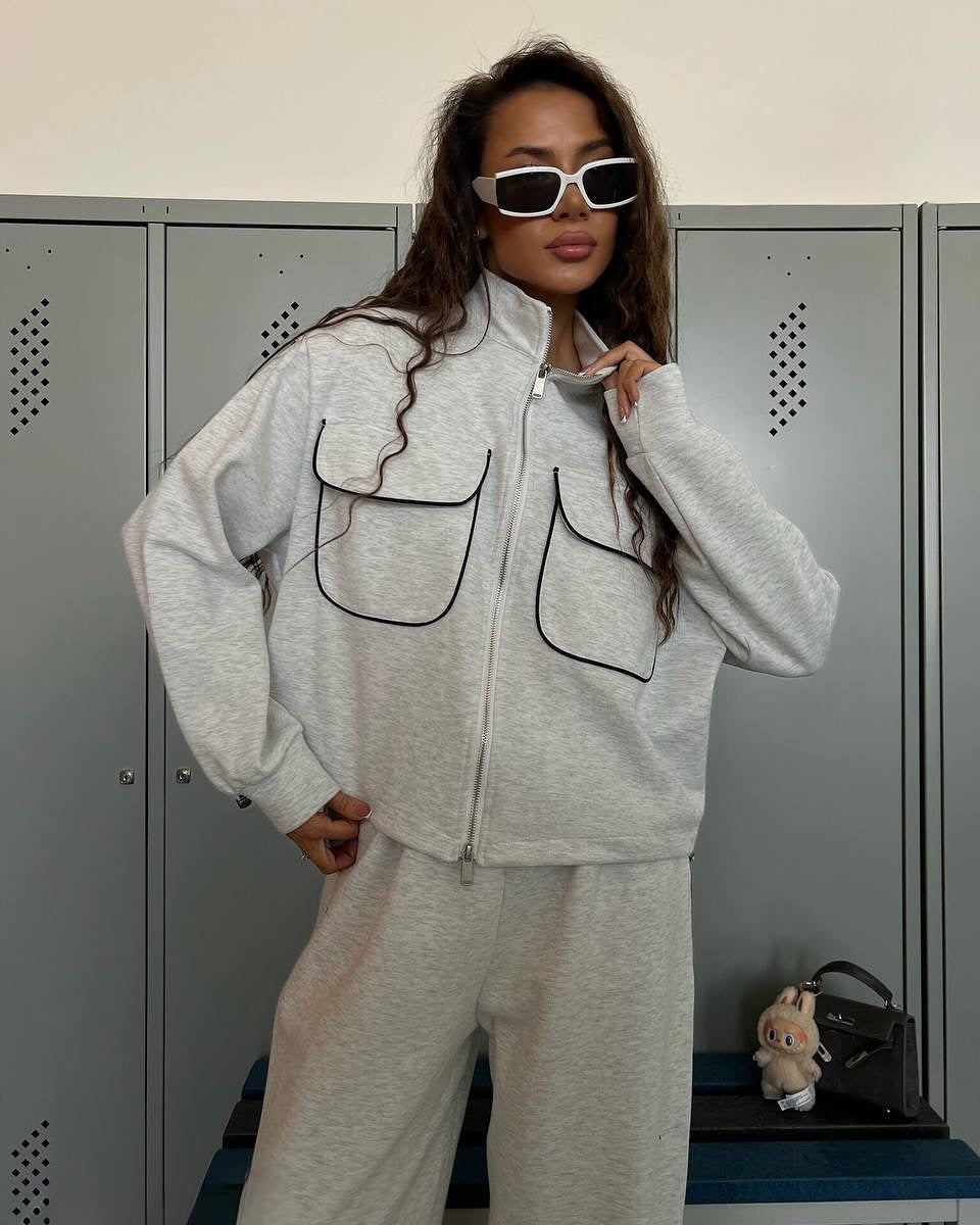 Street-Style Half-Zip Casual Sportswear Set with Patchwork