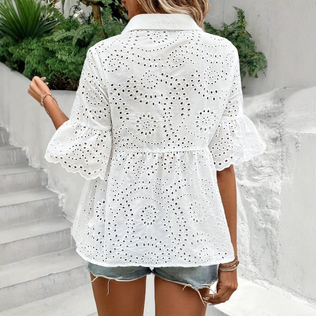 Women's White Floral Embroidered Single-Breasted Frill Sleeve Casual Top