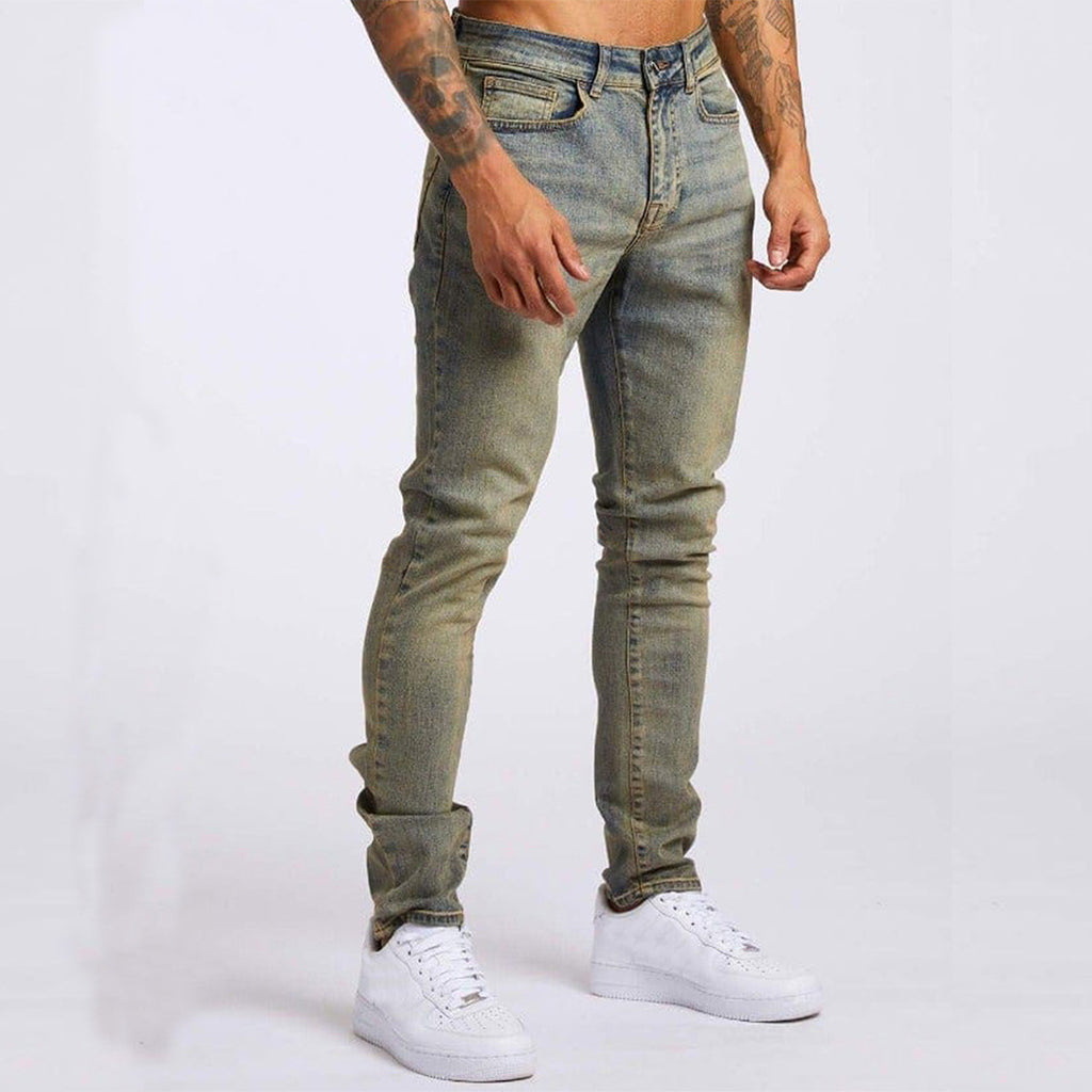 Jeans décontracté taille haute coupe slim pour homme bleu clair et noir