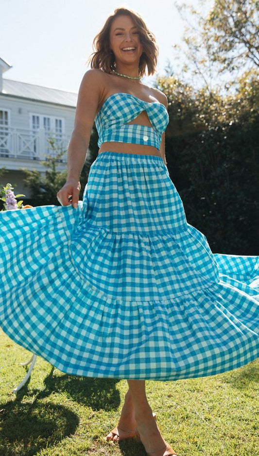 Women's Summer Wrap And Swing Plaid Blue Dress Set