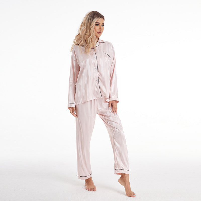 Pyjama grande taille en soie artificielle à rayures audacieuses, manches longues, style européen et américain