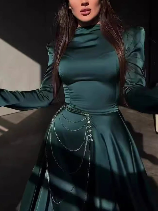 Robe longue maxi à manches longues ornée de clous en satin pour femme musulmane