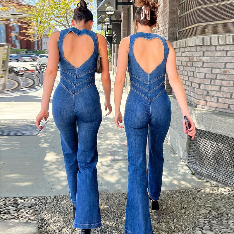 Combinaison salopette en jean rétro taille haute pour femme