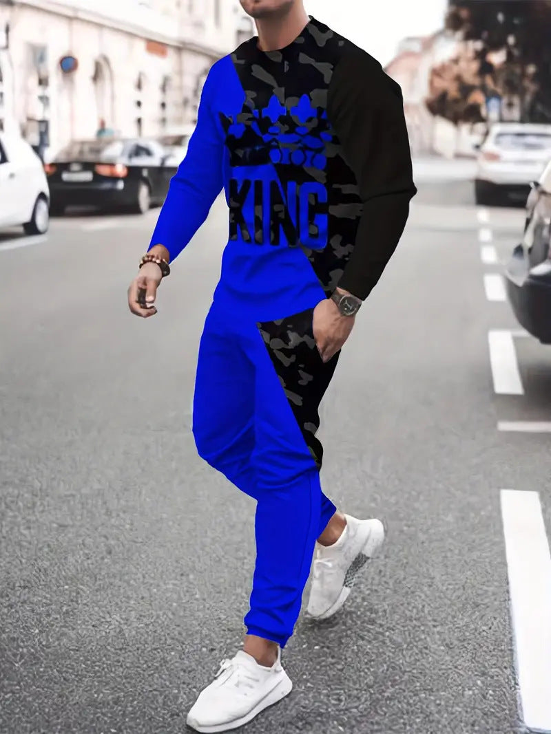 Men's 3D Digital Print Round Neck Sports Sweatshirt Suit
