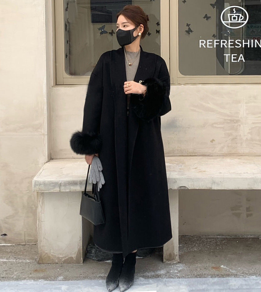 Women's Long Reversible Wool Coat with Lapel and Pockets