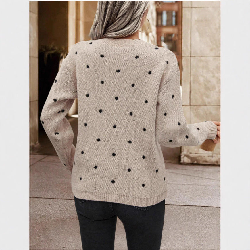 Polka Dot Print Pullover Sweater Long-Sleeve Casual Knit Top for Women