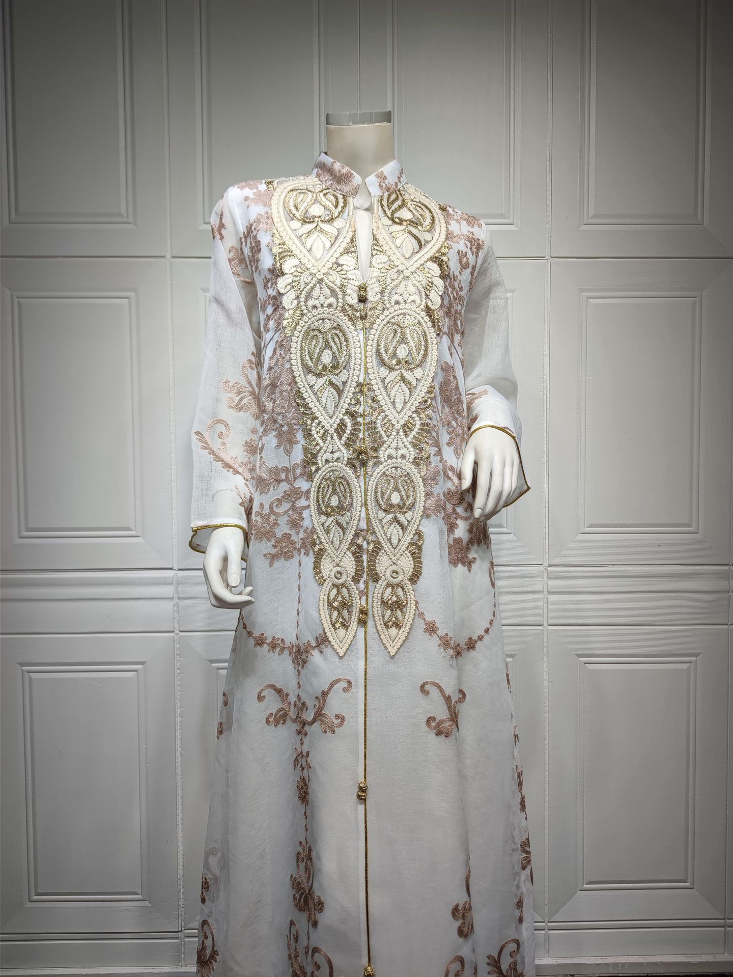 Arabian Women's Casual Embroidered Dress in White, Blue & Apricot