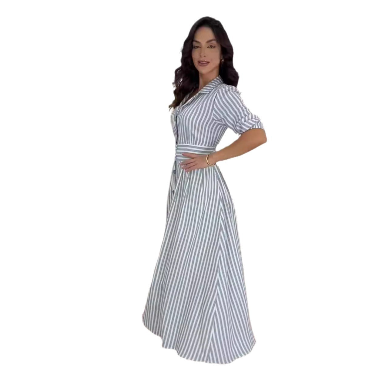 European And American Fashion Striped Printing Elegant Style Temperament Shirt Long Dress