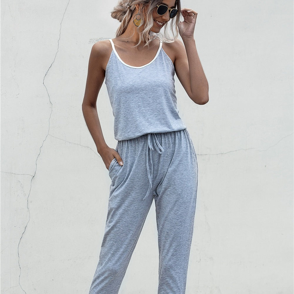 Summer Color Block Suspender Jumpsuit in Gray, Black & Army Green