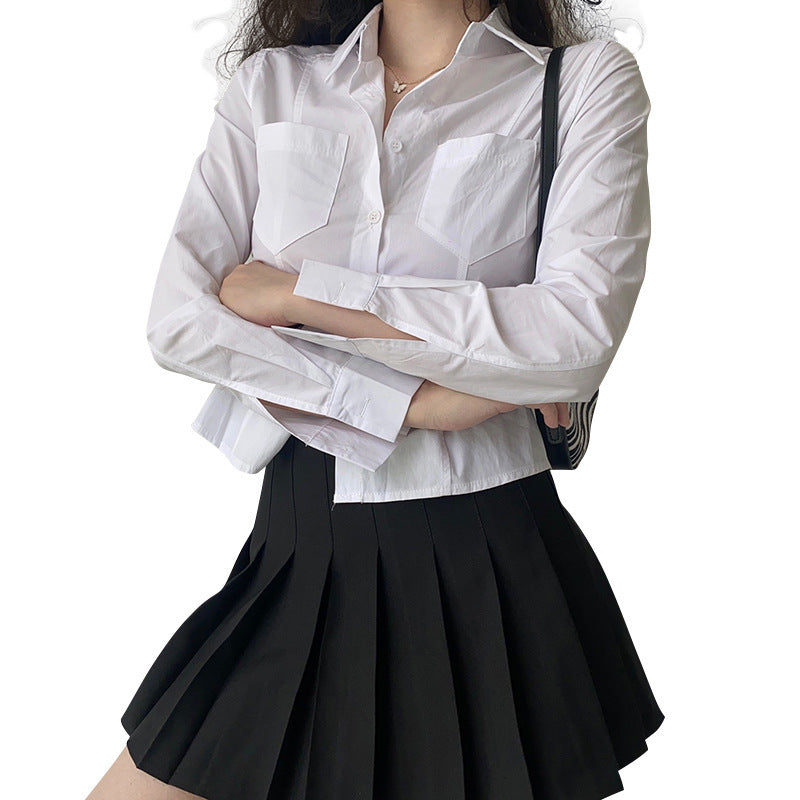 Chemisier Femme Blanc à Revers Manches Longues Printemps-Été Coupe Ajustée Polyester