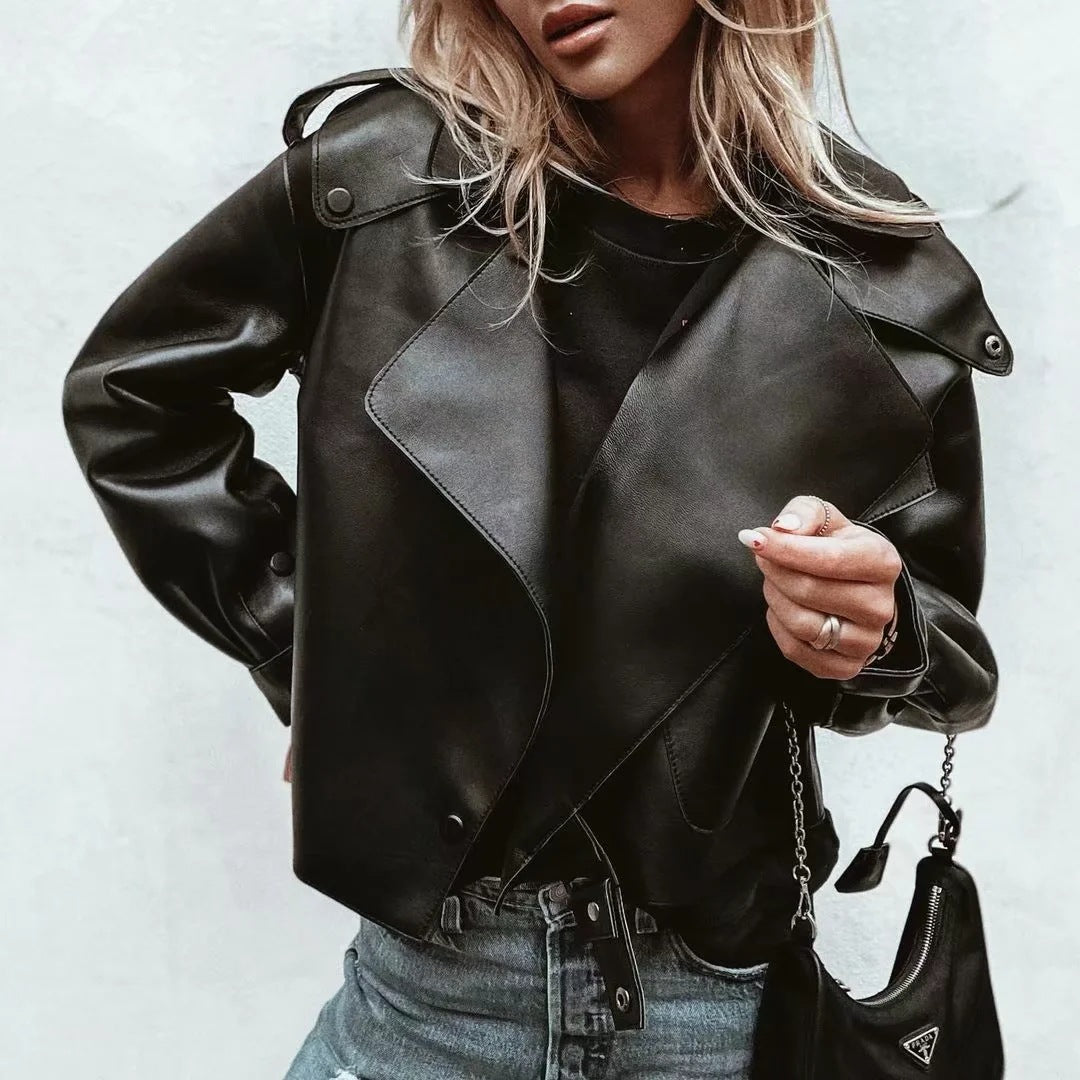 Lapel PU Leather Motorcycle Jacket for Women – Short, Stylish, Handsome