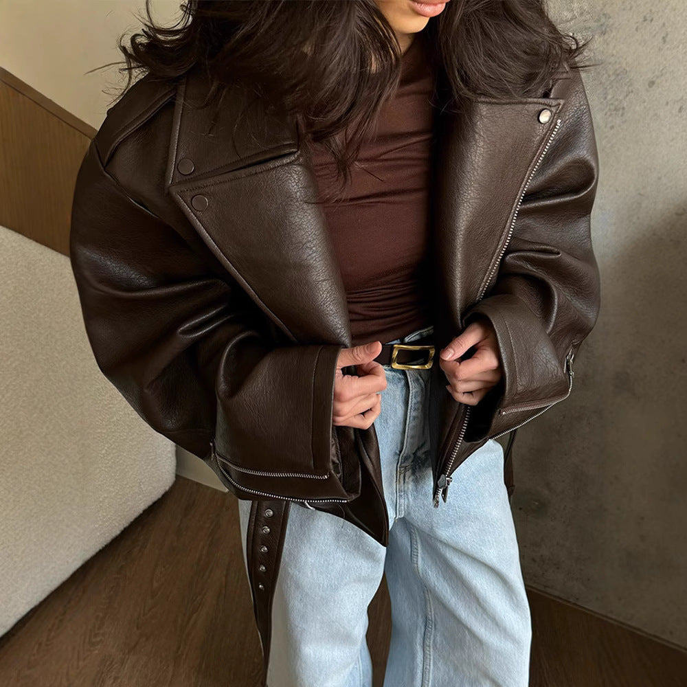 Women’s Brown Short Lace-Up Leather Coat, Sizes S-XL