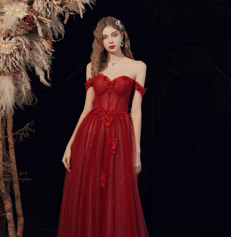 Mom's Wine Red Wedding Toast Dress with Handmade Flowers for Annual Meeting
