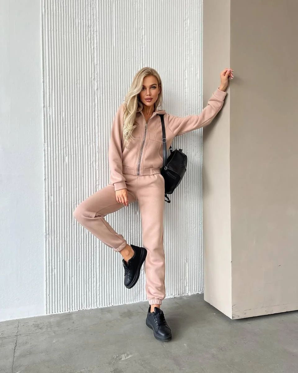 Ensemble pull à manches longues à capuche et fermeture éclair doublé en polaire