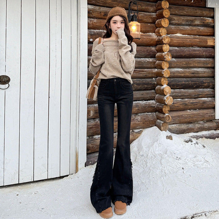 Fringed High Waist Skinny Jeans for Women Spring Retro Denim