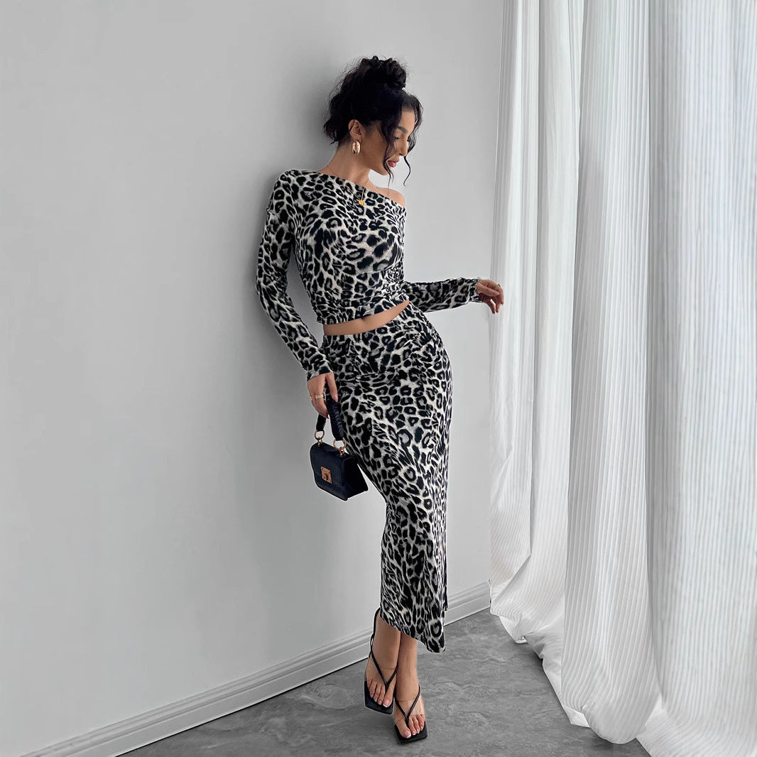 Leopard Print Two-Piece Fitted Maxi Dress Suit in Gray