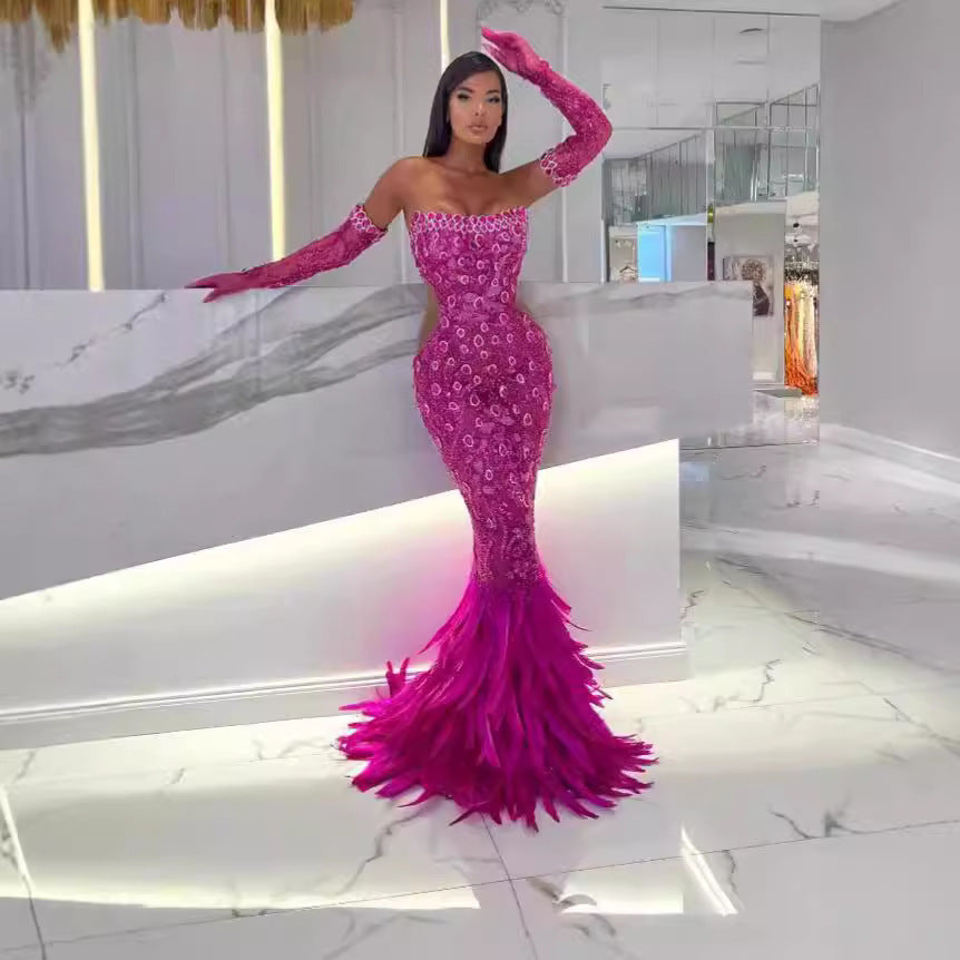 Robe de bal sirène amincissante en coton rouge rosé