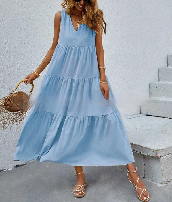 Women's Loose Waist Cotton Sleeveless V-neck Dress