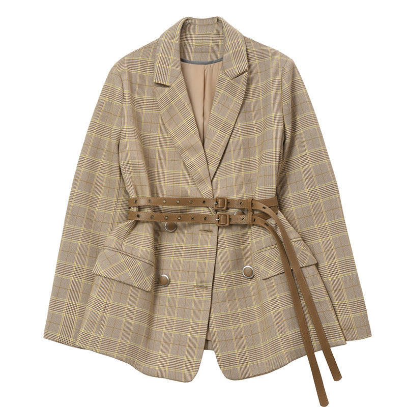 Women's Plaid Double-Breasted Blazer Polyester Fiber
