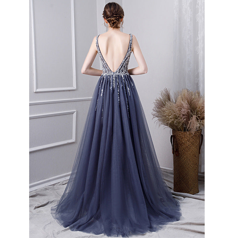 Noble Elegant Long Gray Annual Conference Host Dress Polyester Fiber