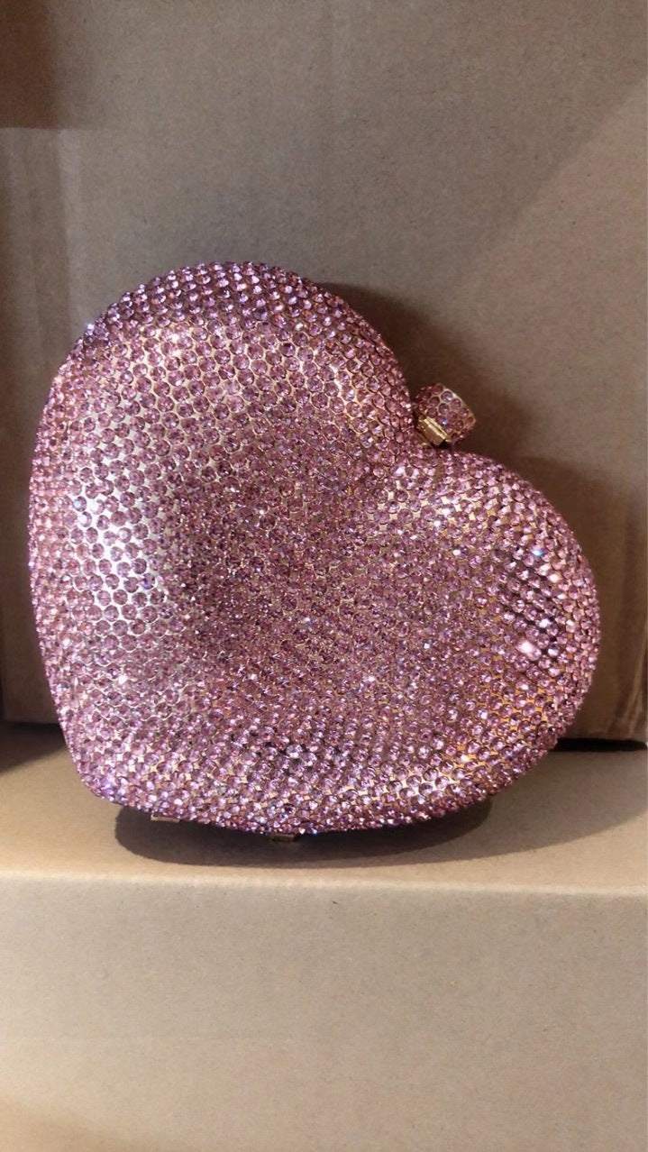 Sac de Soirée Diamant Cœur avec Anse à Main, Sac à Bandoulière Rigide en Métal 14x12x5", Rouge Noir Rose Or Argent