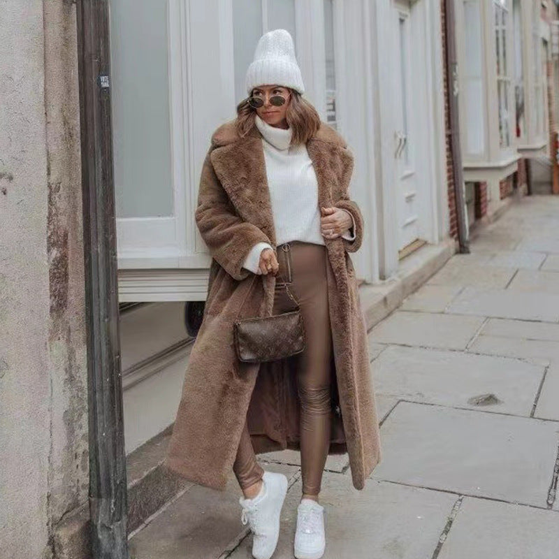 Thickened Long Plush Artificial Fur Cotton Coat Trench